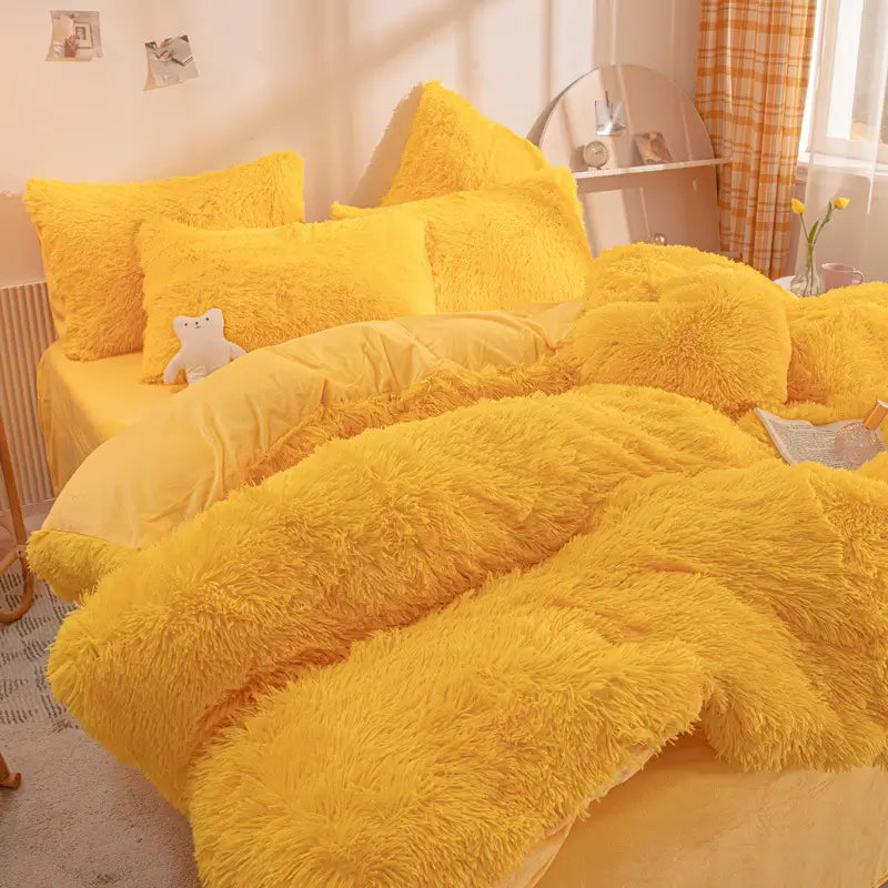 Plüsch-Fleece-Bettwäsche-Set, winterwarm, Teddy, 3-4-teilig, mit Bezug, Laken und Kissenbezügen | Sulvida