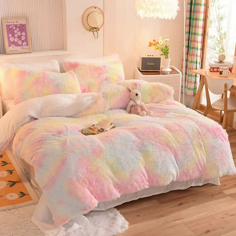 Plüsch-Fleece-Bettwäsche-Set, winterwarm, Teddy, 3-4-teilig, mit Bezug, Laken und Kissenbezügen | Sulvida
