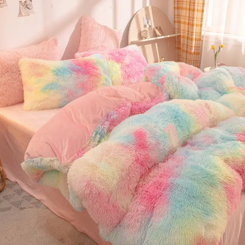 Plüsch-Fleece-Bettwäsche-Set, winterwarm, Teddy, 3-4-teilig, mit Bezug, Laken und Kissenbezügen | Sulvida