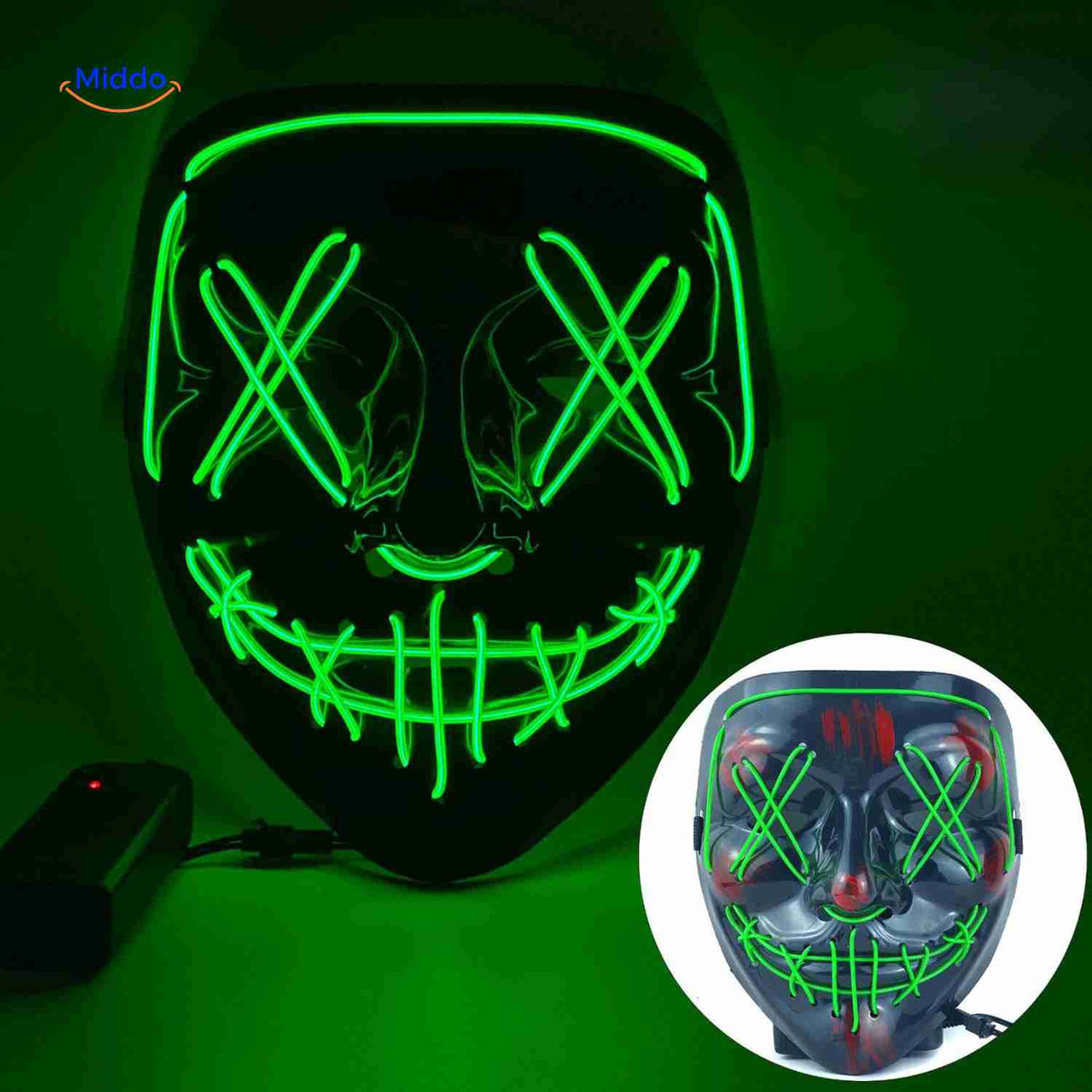 Lichtgevend LED-masker voor feesten en evenementen | Horror gezichtsmasker met EL-verlichting en aanpasbare bandjes | Sulvida