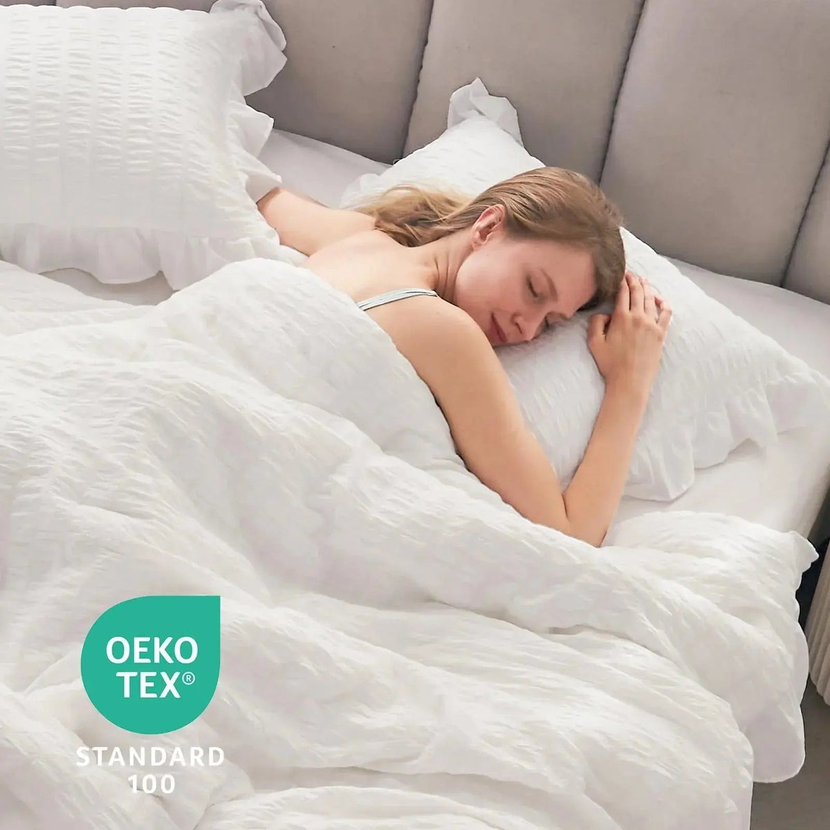 Seersucker dekbedovertrek met kant romantisch gestructureerd beddengoed luxe afwerking voor slaapkamer | Sulvida