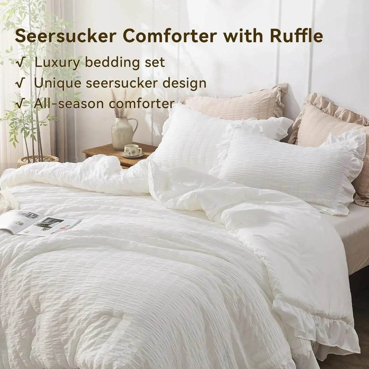 Seersucker dekbedovertrek met kant romantisch gestructureerd beddengoed luxe afwerking voor slaapkamer | Sulvida