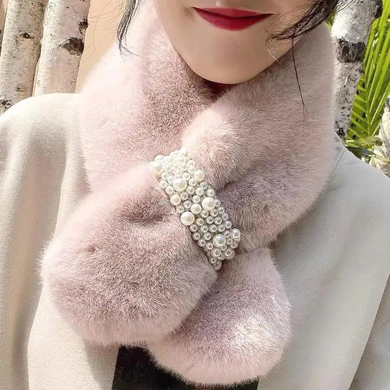 Luxe Wintersjaal met Parelaccent en Kunstbont – Zachte Elegante Sjaal voor Dames Herfst Winter Warm Stijlvol | Sulvida