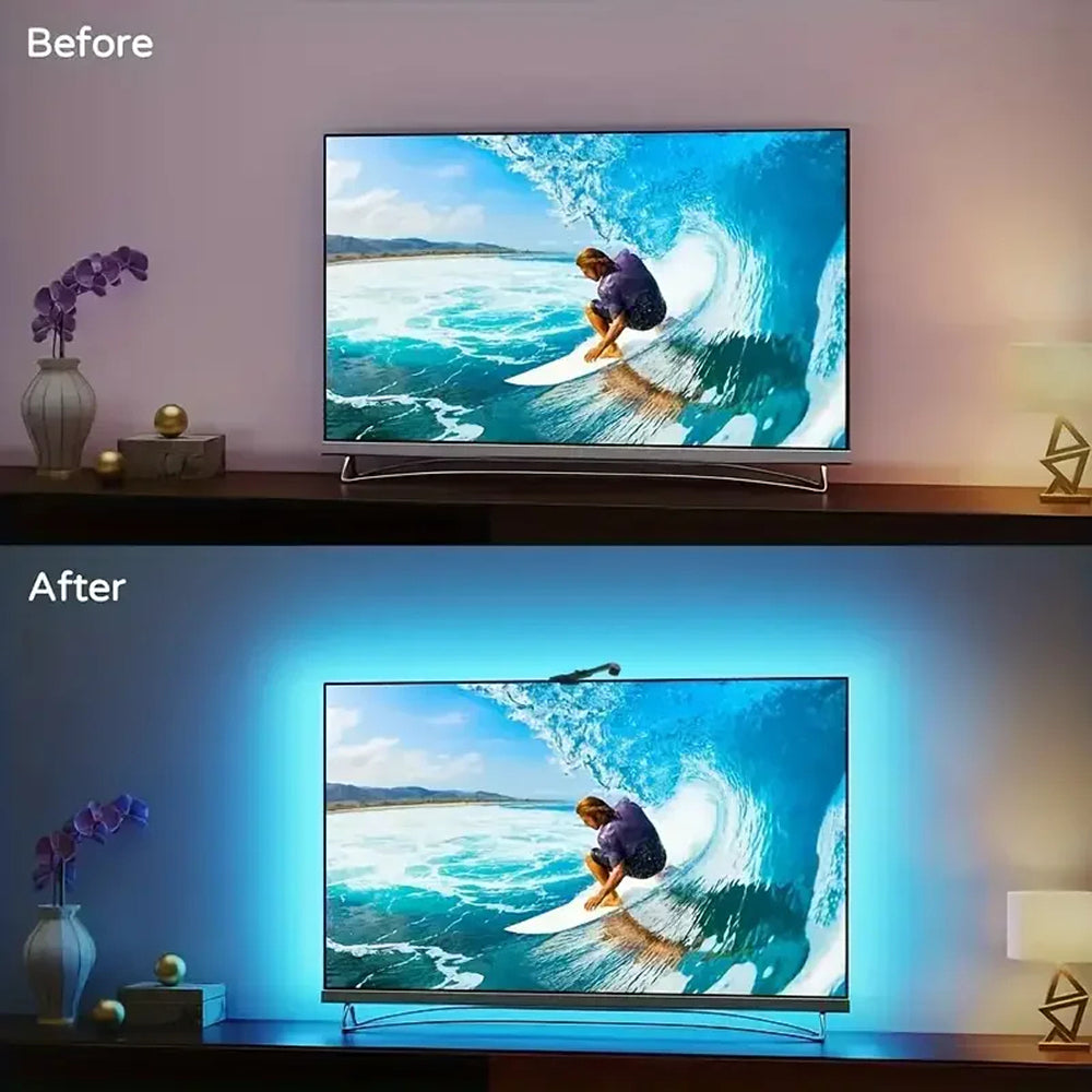 Bande LED de rétroéclairage TV RGBIC, 30 LED/m, synchronisation par caméra aux couleurs de l’écran, éclairage d’ambiance gaming pour TV de 55-75 pouces | Sulvida