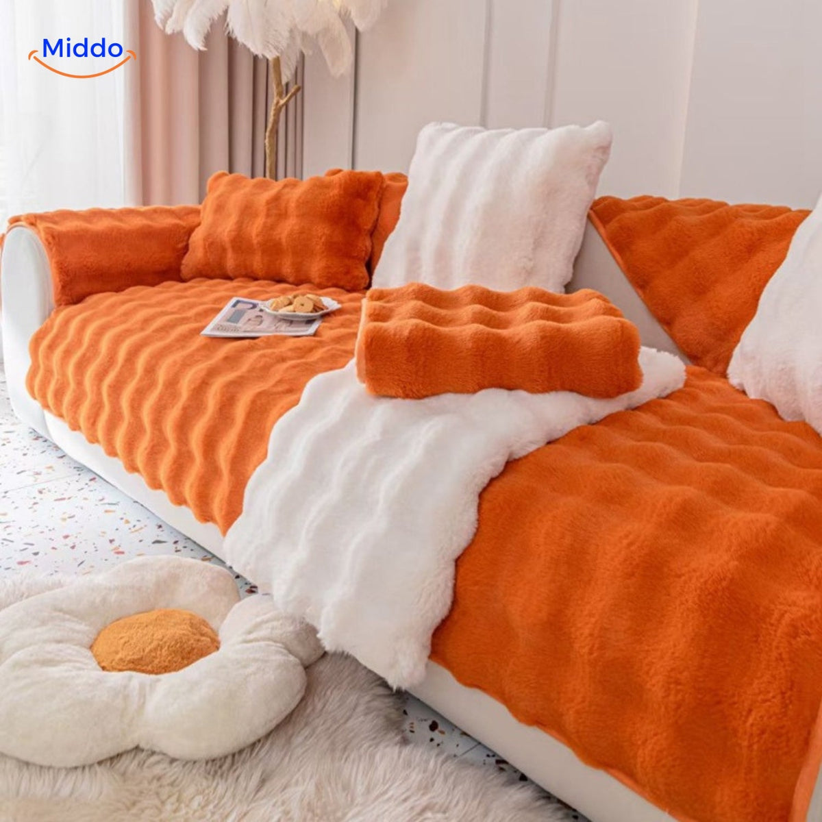 Pluche Meubelhoes Winter Bank Stoel Beschermer Oranje Wit Beige Grijs Groen Roze Warm Zacht Decoratief | Sulvida
