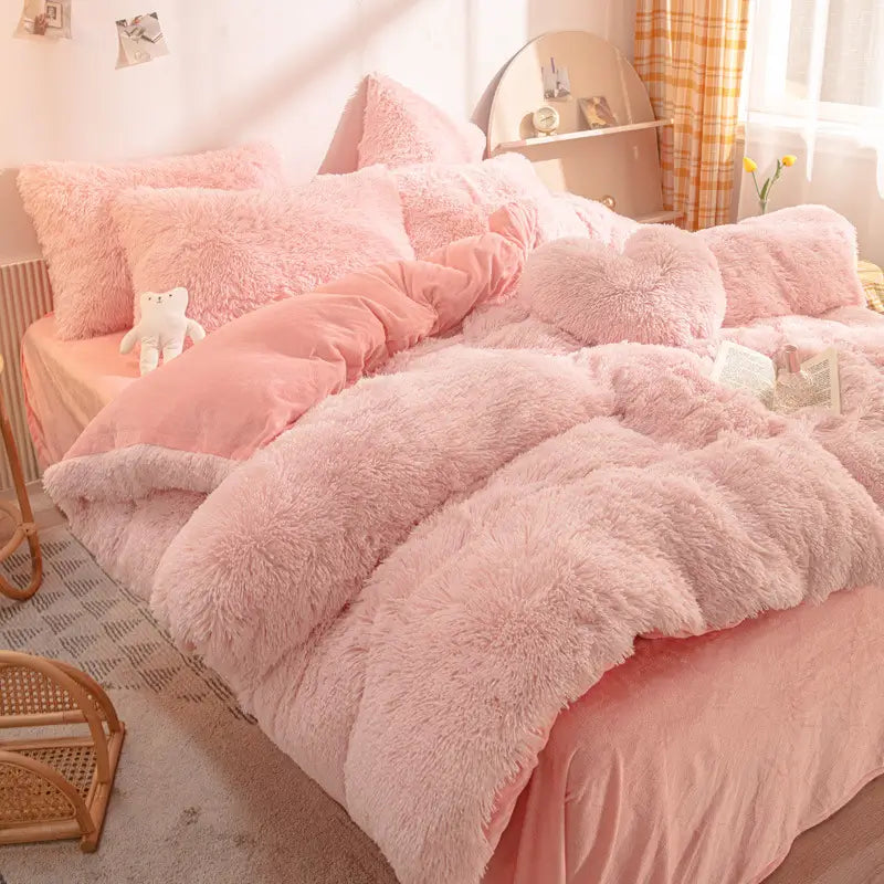 Plüsch-Fleece-Bettwäsche-Set, winterwarm, Teddy, 3-4-teilig, mit Bezug, Laken und Kissenbezügen | Sulvida