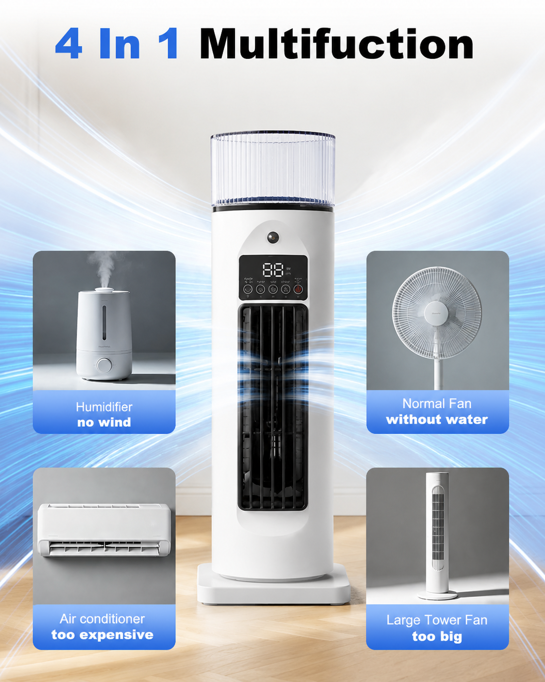 Mobiele Airco 4-in-1 met Afstandsbediening Timer Luchtbevochtiger Oscillatie Ventilatie Kamerkoeling Kantoor Slaapkamer | Sulvida