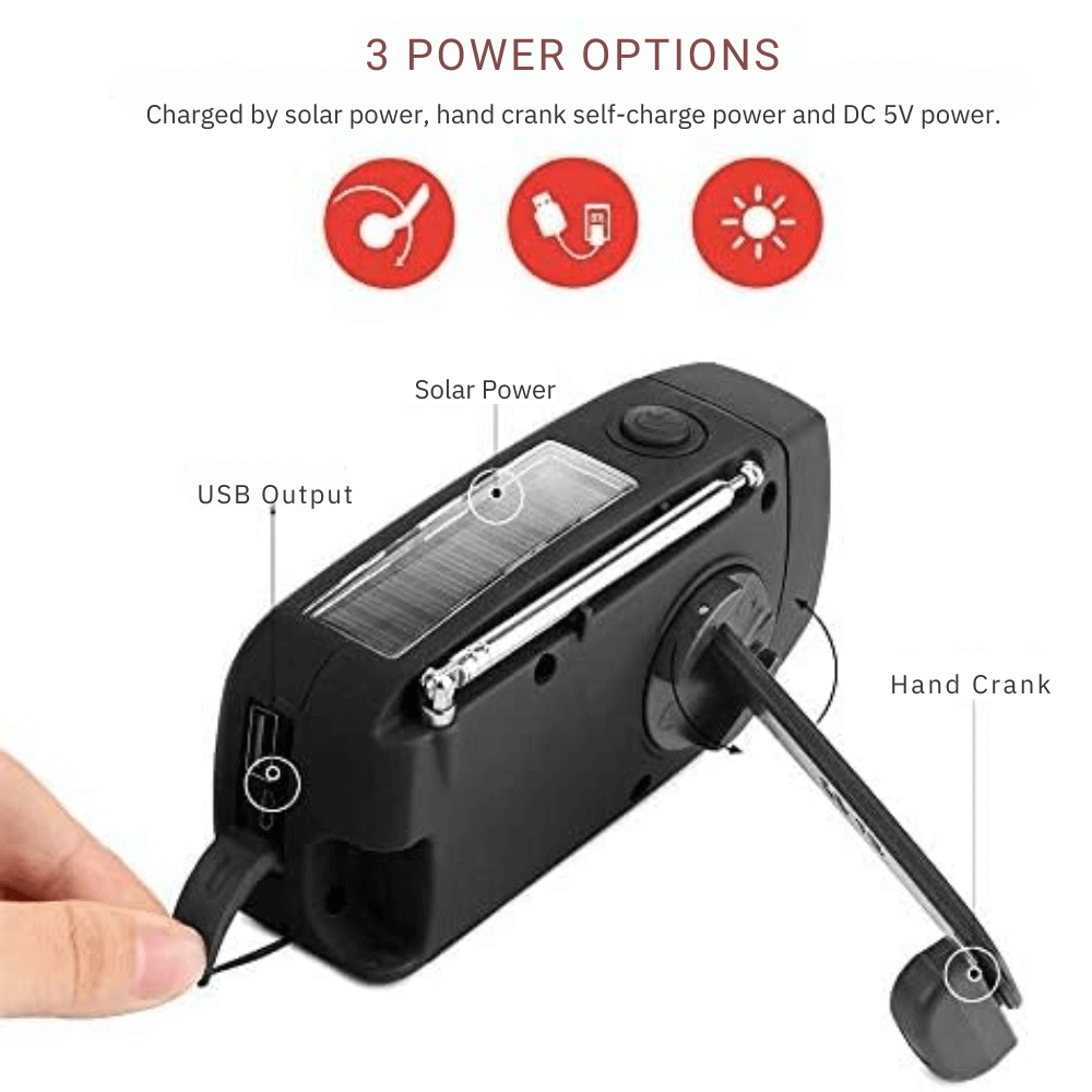 Draagbare Dynamo Noodradio AM/FM met Zaklamp en Powerbank voor Outdoor Camping Wandelen en Noodsituaties | Sulvida