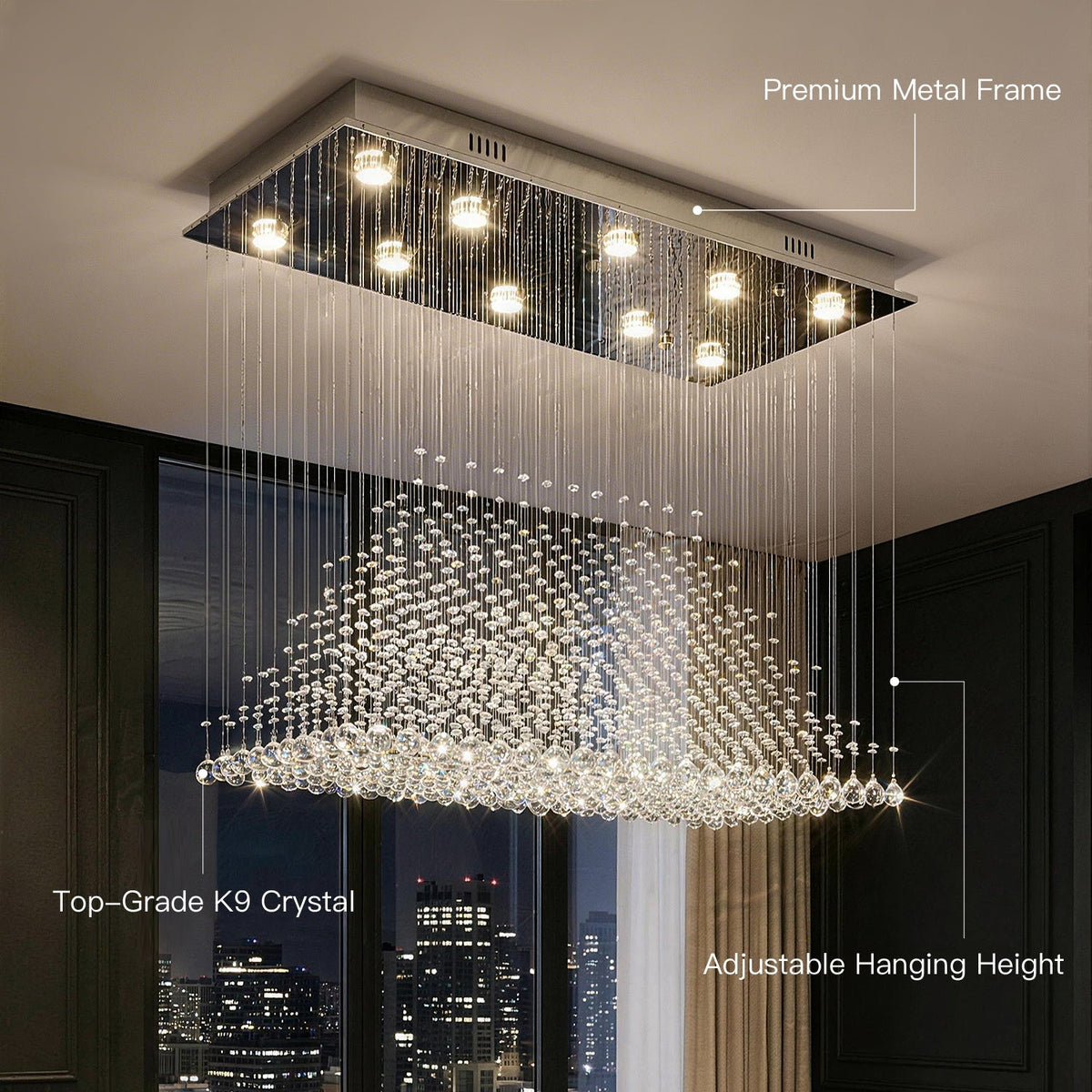 Rechthoekige kristallen hanglamp 100×50×90 cm chroomkleurige kroonluchter woonkamer eetkamer verlichting | Sulvida