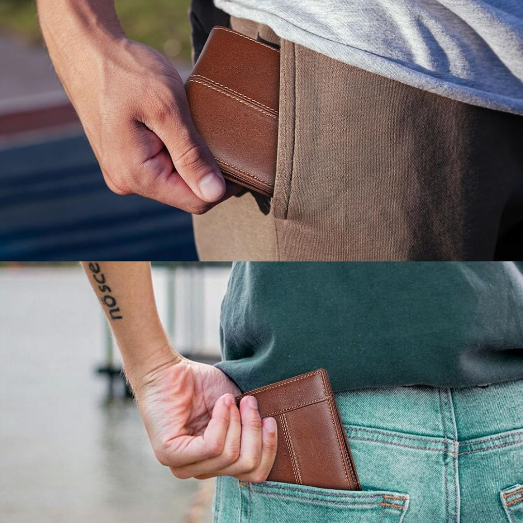 Leren Bifold Portemonnee met RFID-bescherming 16 Vakjes Heren Zwart Bruin Rood Compact Veilig Pasjes | Sulvida