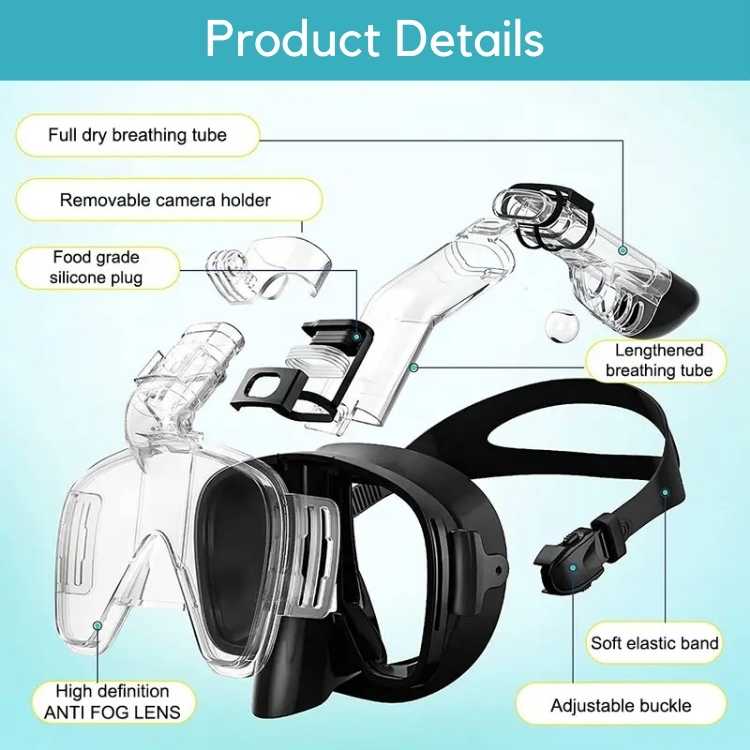 Opvouwbaar snorkelmasker volledig gezicht panoramisch zwemmen duiken watersport zwart blauw groen roze geel | Sulvida