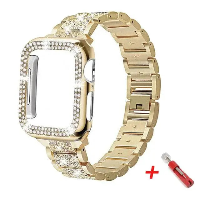 Bracelet de montre avec coque de protection en acier inoxydable pour Apple Watch 38 40 42 44mm, argent or noir métal | Sulvida