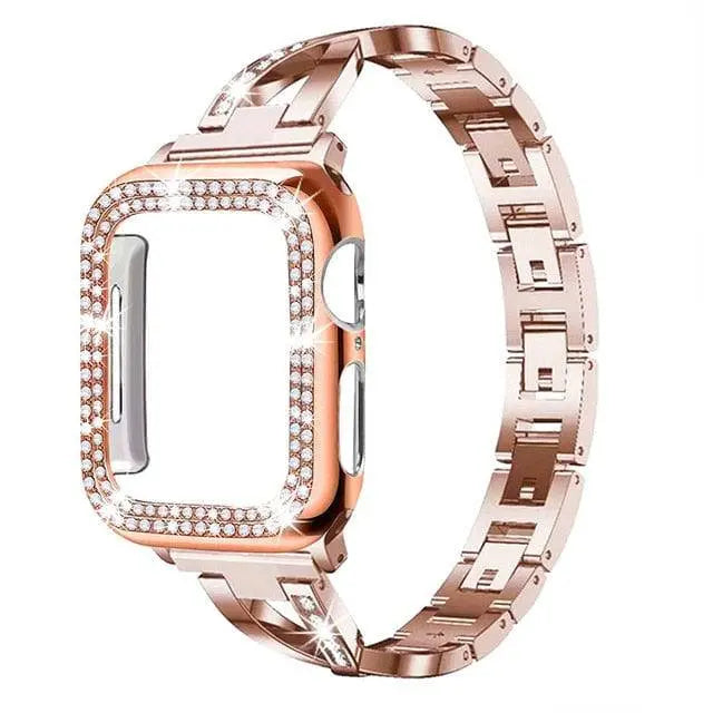 Bracelet avec boîtier pour Apple Watch – Bracelet de luxe en acier inoxydable serti de diamants, or, argent, or rose | Sulvida