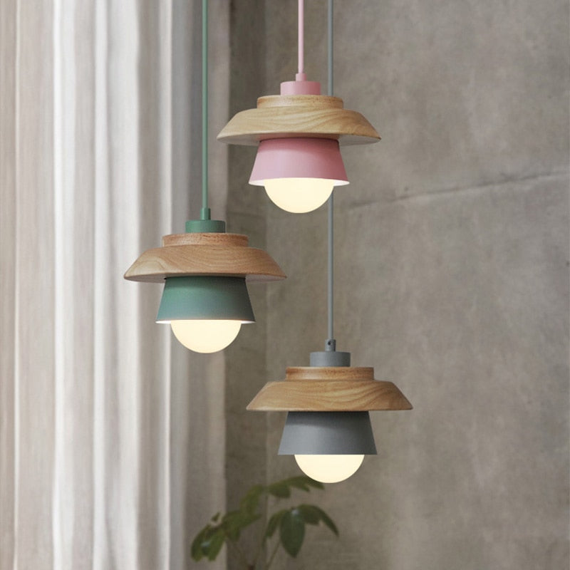 Scandinavische Hanglamp Hout Aluminium Zwart Roze Groen Grijs Wit E27 Lichtpunt Design Binnenverlichting | Sulvida