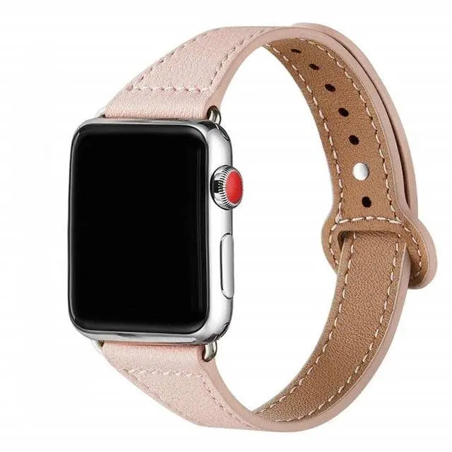 Bracelet de montre en cuir pour femme modèle fin pour Apple Watch taille de boîtier 42/46mm & Ultra 49mm beige noir marron rose | Sulvida
