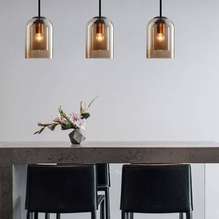 Hanglamp Dubbel Rookglas Ronde Buis Koper Afwerking Moderne Eetkamerlamp Eettafel Woonkamer Verlichting Design | Sulvida