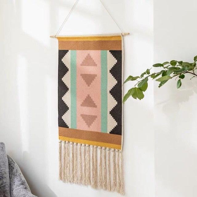 Geometrisch getuft wandtapijt met franjes natuurlijke macramé boho stijl 50×70 cm woonkamer decoratie | Sulvida