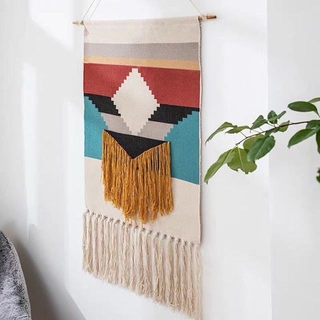 Geometrisch getuft wandtapijt met franjes natuurlijke macramé boho stijl 50×70 cm woonkamer decoratie | Sulvida