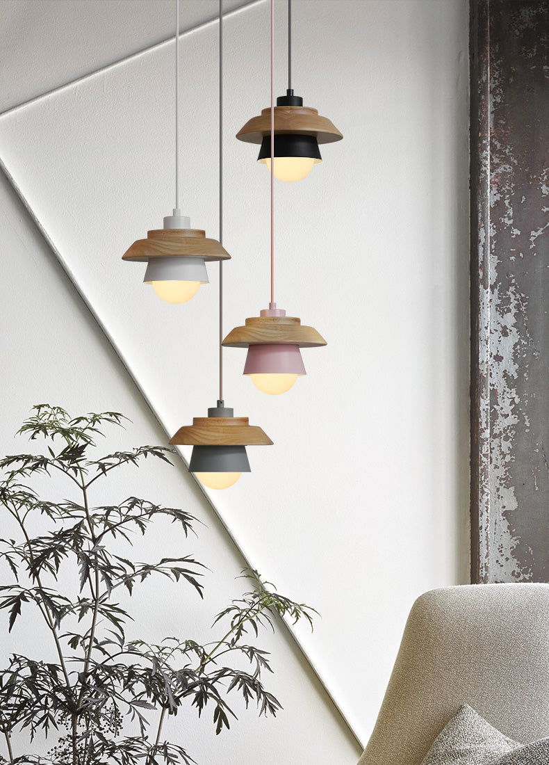 Scandinavische Hanglamp Hout Aluminium Zwart Roze Groen Grijs Wit E27 Lichtpunt Design Binnenverlichting | Sulvida