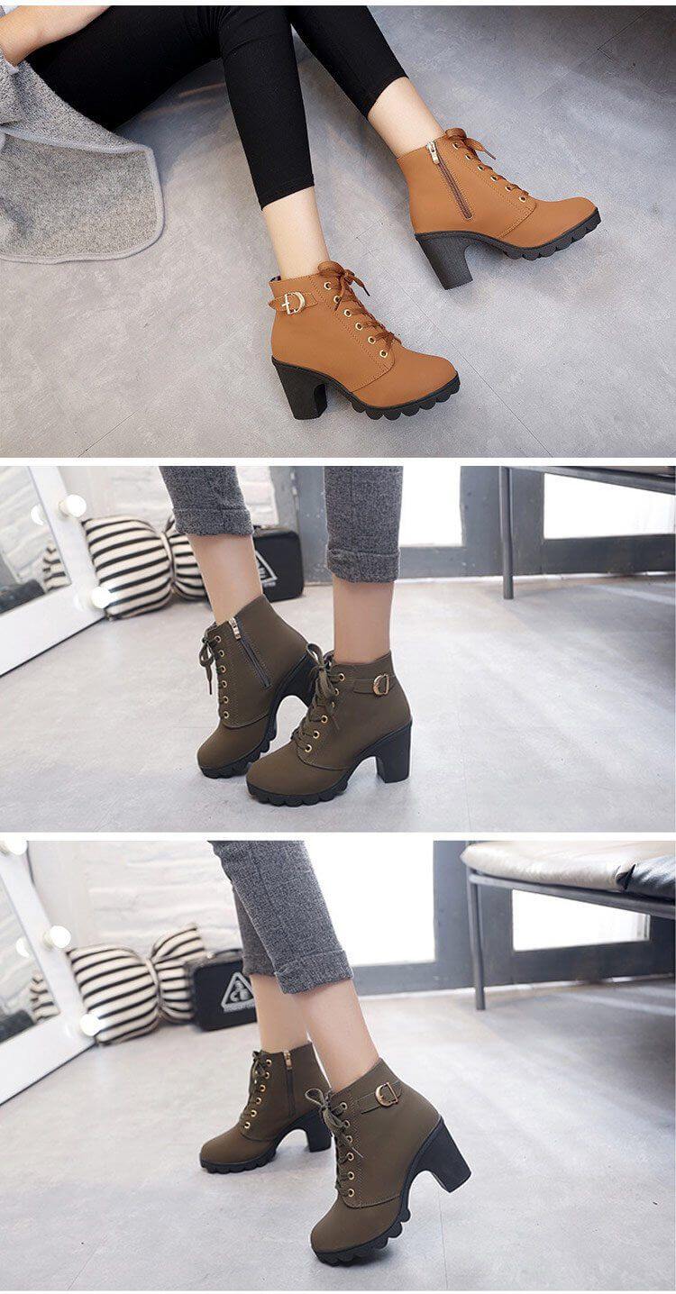 Dames Winterschoenen Leren Enkellaarzen Vierkante Hak Plateau Rits Comfort Casual Elegant Zwart Bruin | Sulvida
