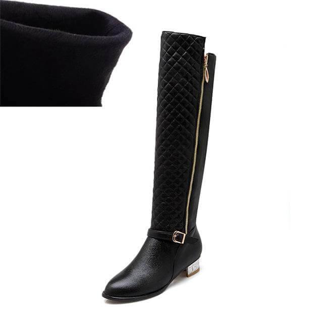 Kniehoge Dameslaarzen met Vierkante Hak Plateauzool PU Leder Rits Pluche Voering Winterschoenen Dames | Sulvida