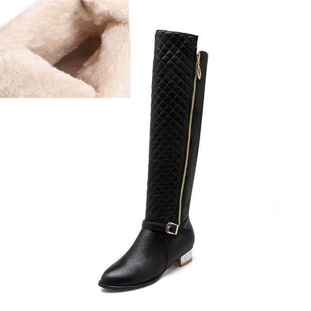Kniehoge Dameslaarzen met Vierkante Hak Plateauzool PU Leder Rits Pluche Voering Winterschoenen Dames | Sulvida