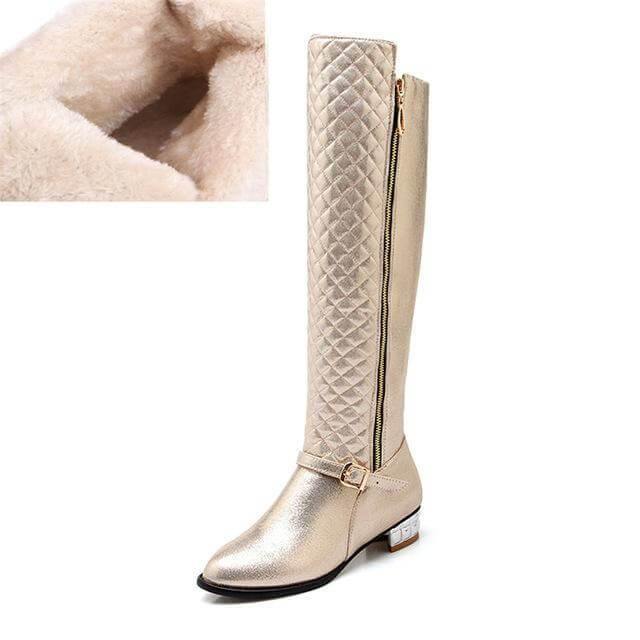Kniehoge Dameslaarzen met Vierkante Hak Plateauzool PU Leder Rits Pluche Voering Winterschoenen Dames | Sulvida