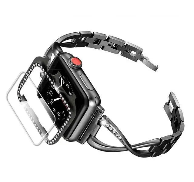 Ensemble boîtier et bracelet pour Apple Watch 38mm 40mm 42mm 44mm, boîtier Royalty avec bracelet Diva, couleur or, montre connectée | Sulvida