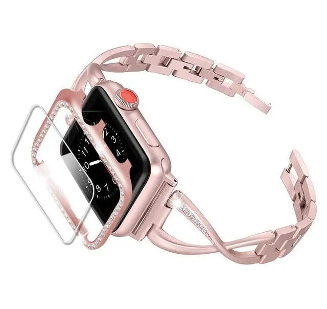 Ensemble boîtier et bracelet pour Apple Watch 38mm 40mm 42mm 44mm, boîtier Royalty avec bracelet Diva, couleur or, montre connectée | Sulvida
