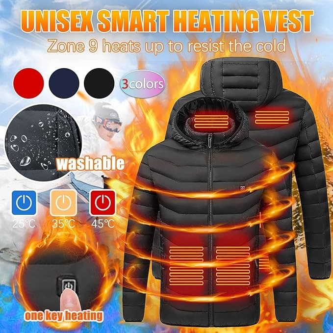 Gewatteerde winterjas met 9 verwarmingszones capuchon doorgestikt ontwerp warme outdoorjas heren dames unisex | Sulvida