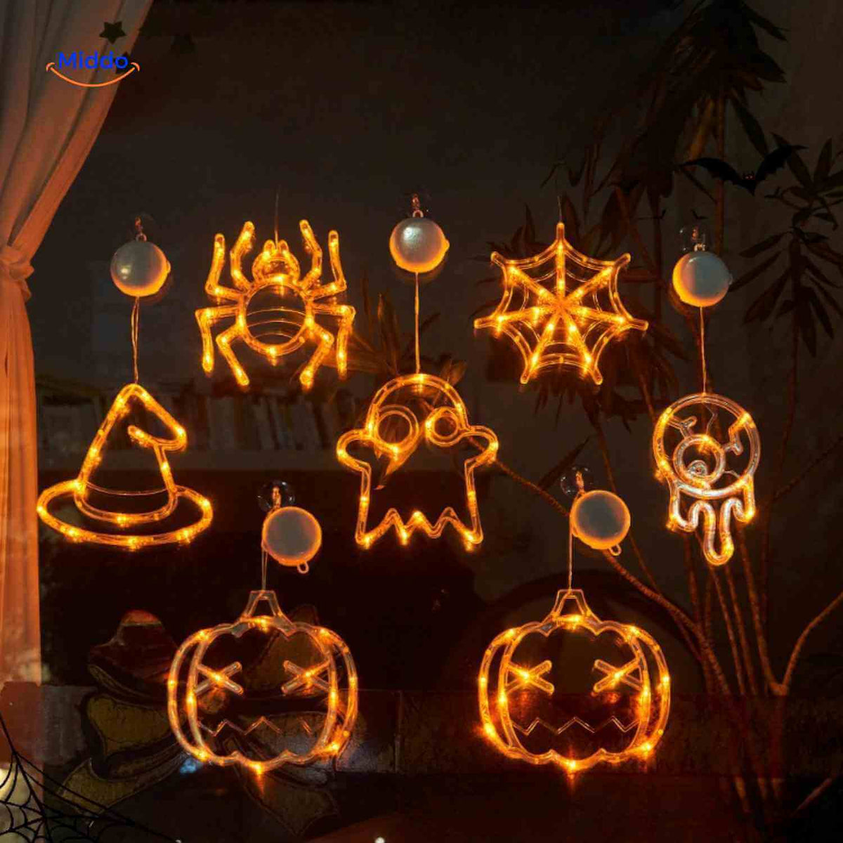 LED-decoratielamp Halloween zuignap 20cm kunststof pompoen spookje heksenhoed sfeerverlichting binnen buiten | Sulvida