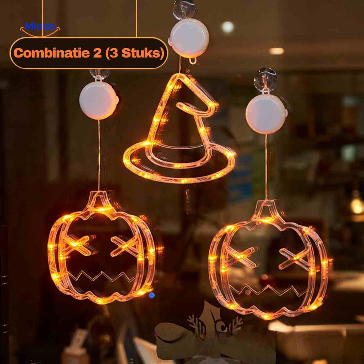 LED-decoratielamp Halloween zuignap 20cm kunststof pompoen spookje heksenhoed sfeerverlichting binnen buiten | Sulvida