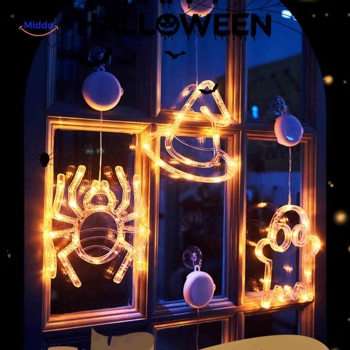 LED-decoratielamp Halloween zuignap 20cm kunststof pompoen spookje heksenhoed sfeerverlichting binnen buiten | Sulvida
