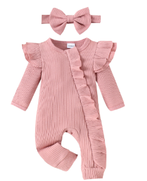 Geribde Babyjumpsuit met Haarband Pasgeboren Katoenen Pakje Babymeisje Outfit 0-18 Maanden Comfortabel | Sulvida