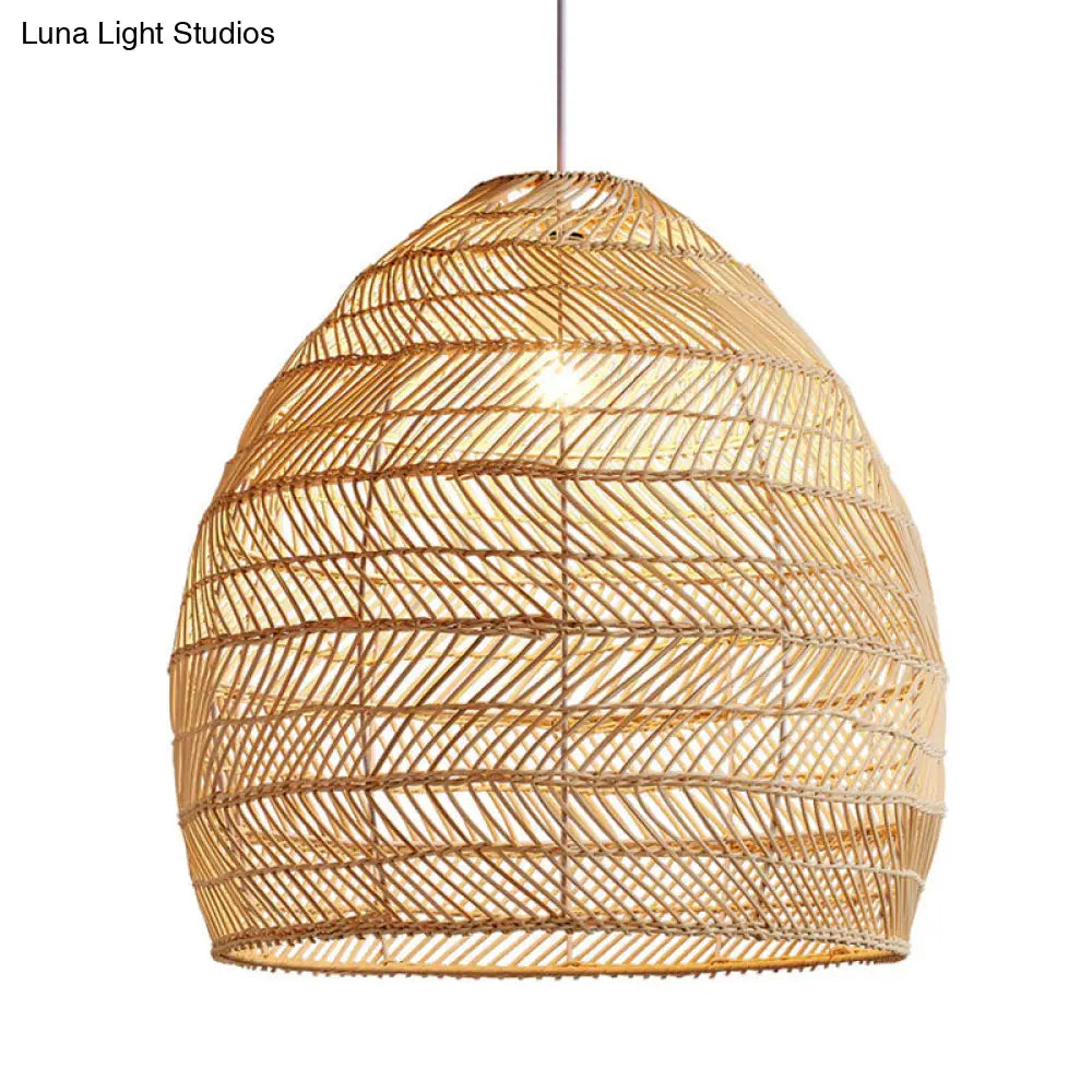 Suspension en osier cloché ronde beige naturel noir de style oriental, douille simple E26/E27, salon, salle à manger | Sulvida