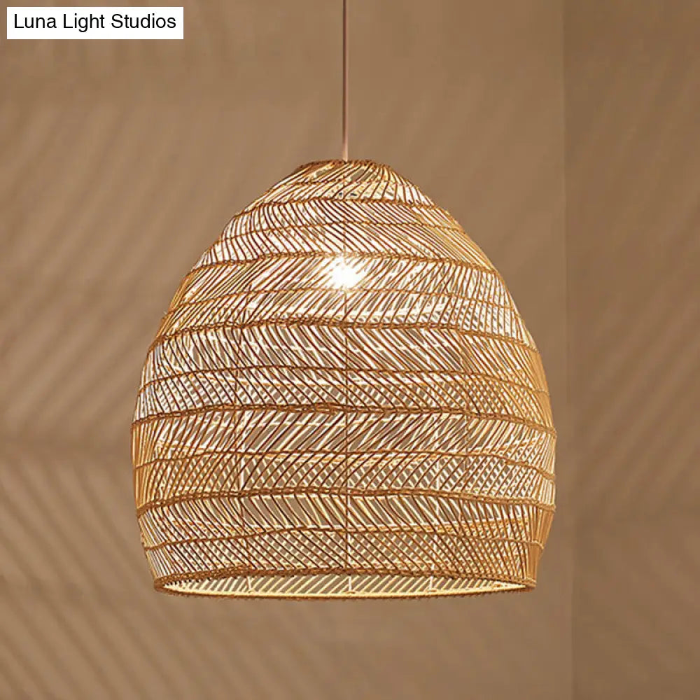 Suspension en osier cloché ronde beige naturel noir de style oriental, douille simple E26/E27, salon, salle à manger | Sulvida