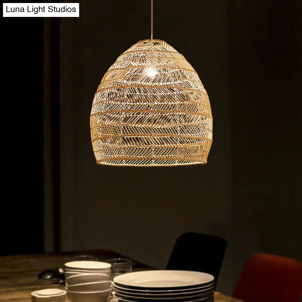 Suspension en osier cloché ronde beige naturel noir de style oriental, douille simple E26/E27, salon, salle à manger | Sulvida
