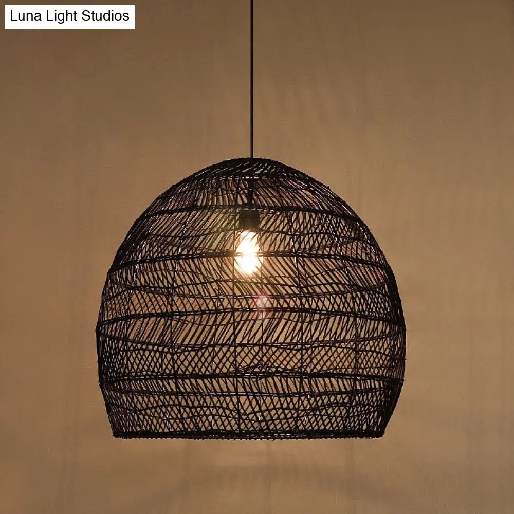 Suspension en osier cloché ronde beige naturel noir de style oriental, douille simple E26/E27, salon, salle à manger | Sulvida