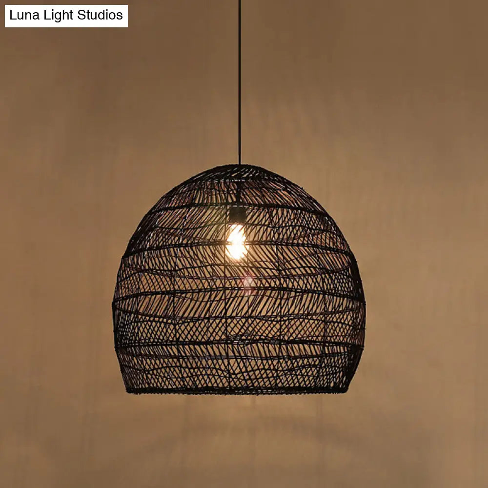 Suspension en osier cloché ronde beige naturel noir de style oriental, douille simple E26/E27, salon, salle à manger | Sulvida