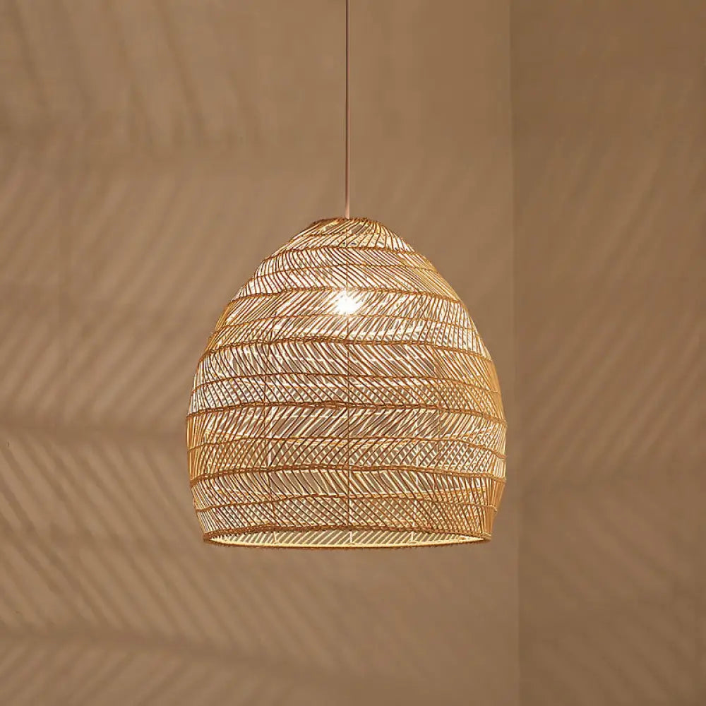 Suspension en osier cloché ronde beige naturel noir de style oriental, douille simple E26/E27, salon, salle à manger | Sulvida