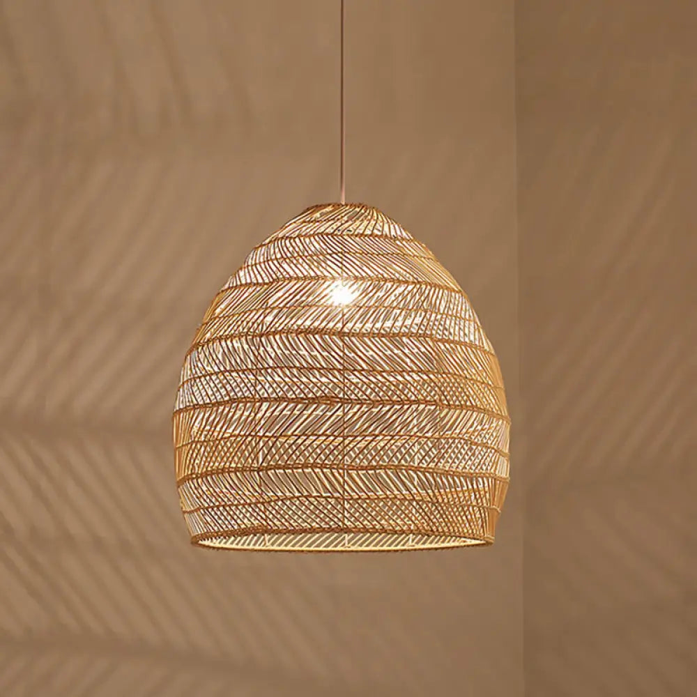 Suspension en osier cloché ronde beige naturel noir de style oriental, douille simple E26/E27, salon, salle à manger | Sulvida