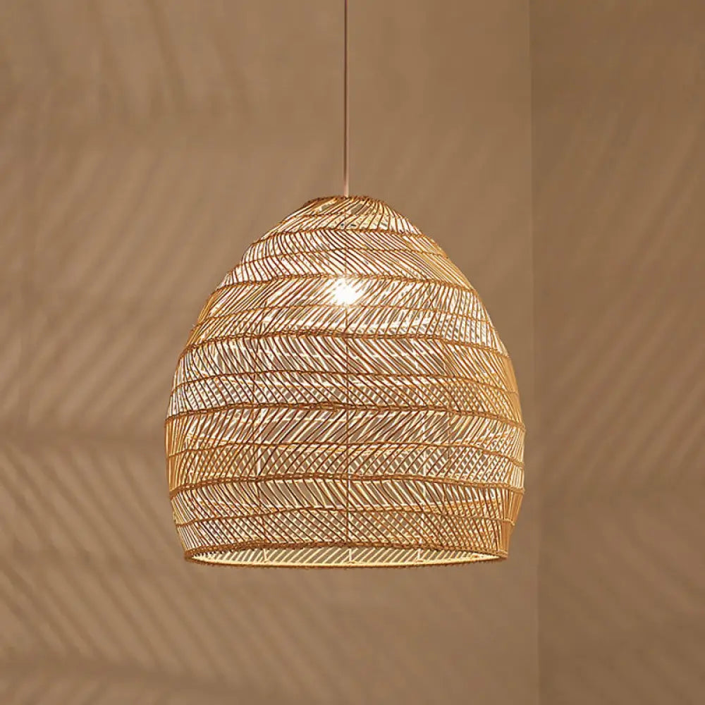 Suspension en osier cloché ronde beige naturel noir de style oriental, douille simple E26/E27, salon, salle à manger | Sulvida