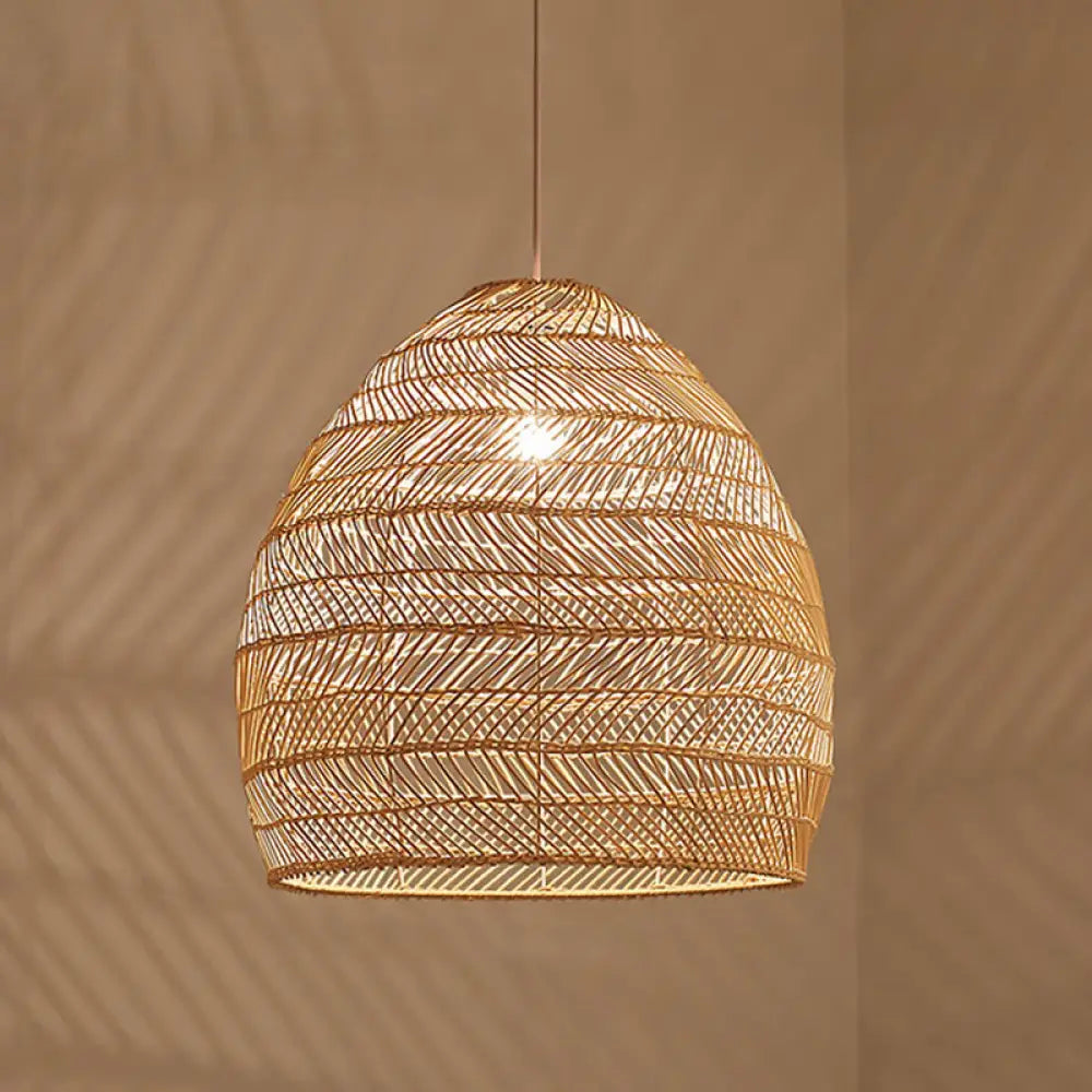 Suspension en osier cloché ronde beige naturel noir de style oriental, douille simple E26/E27, salon, salle à manger | Sulvida
