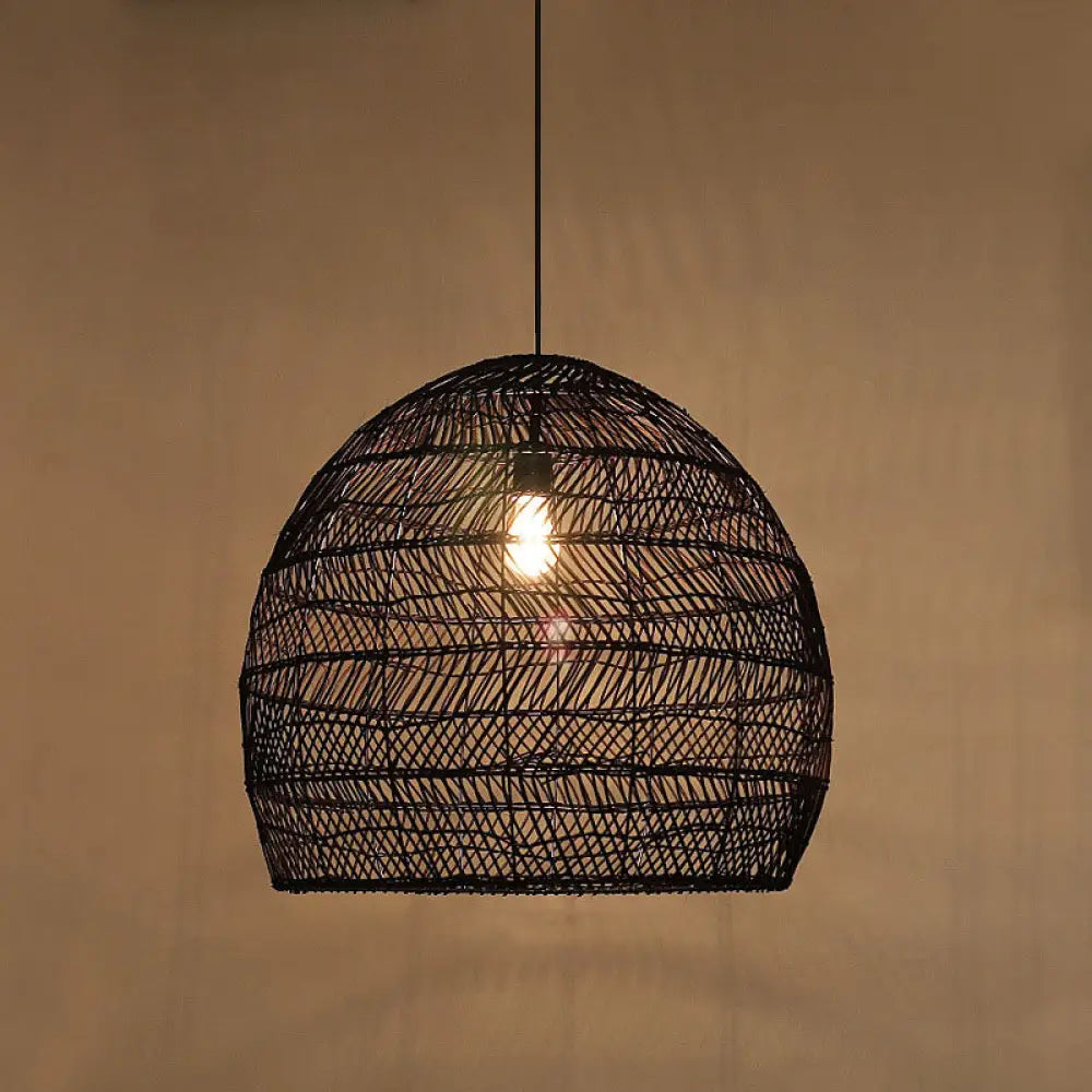Suspension en osier cloché ronde beige naturel noir de style oriental, douille simple E26/E27, salon, salle à manger | Sulvida