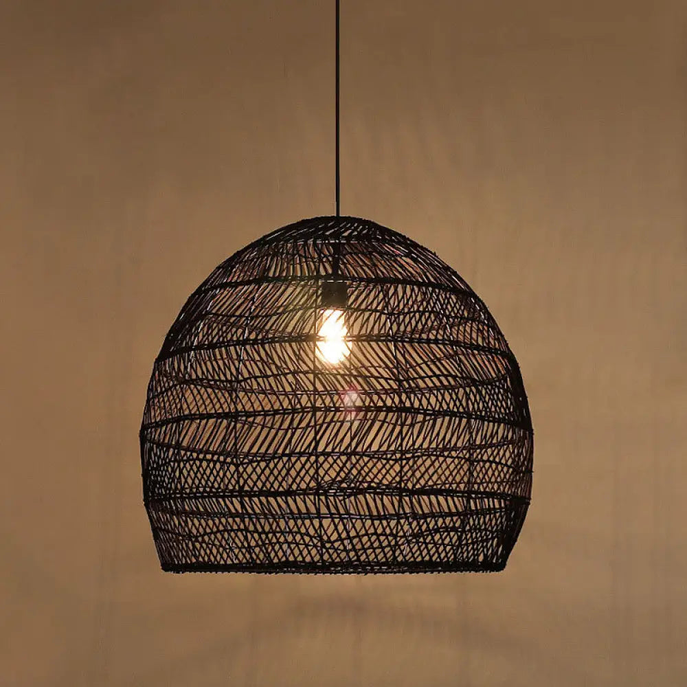 Suspension en osier cloché ronde beige naturel noir de style oriental, douille simple E26/E27, salon, salle à manger | Sulvida