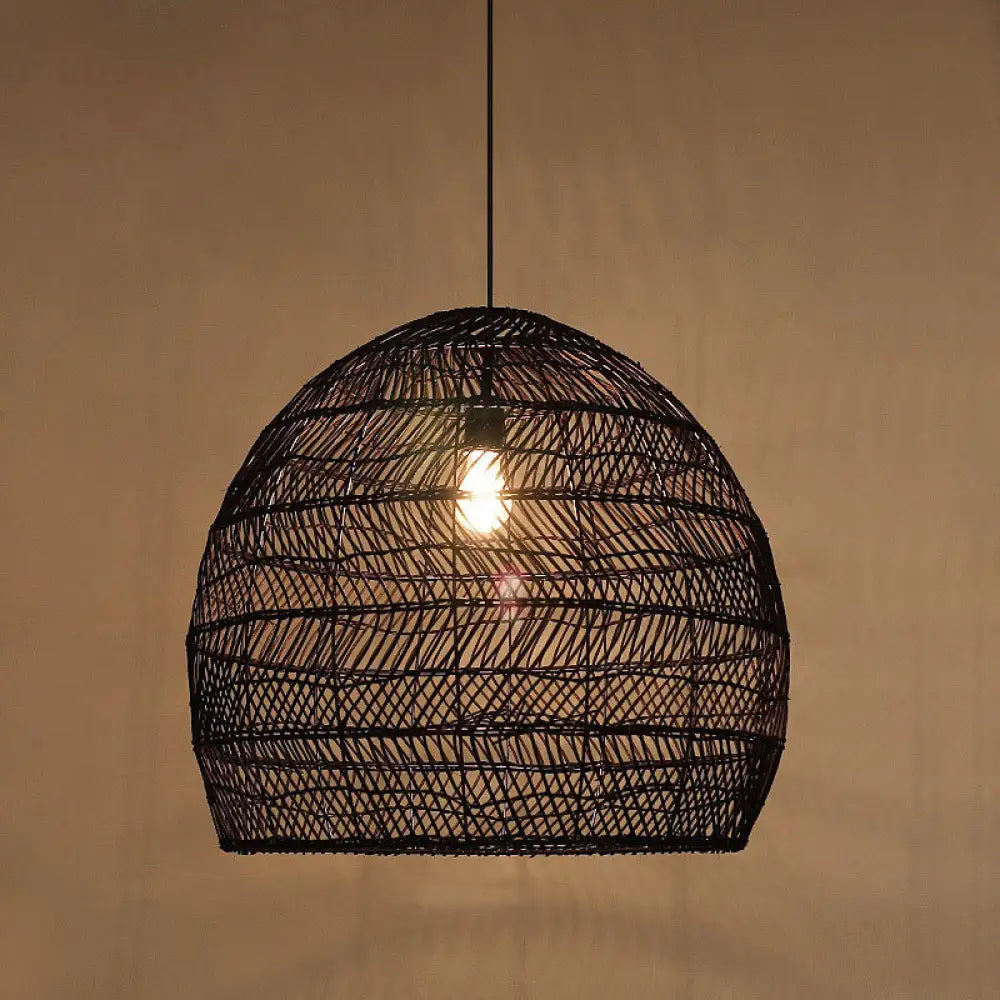 Suspension en osier cloché ronde beige naturel noir de style oriental, douille simple E26/E27, salon, salle à manger | Sulvida