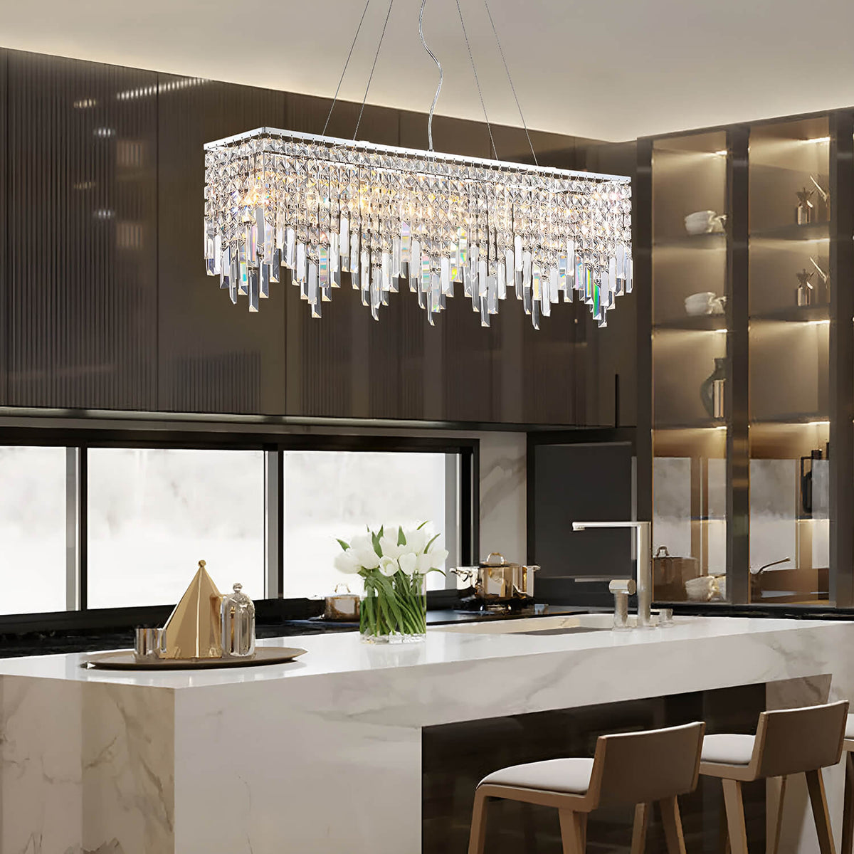 Rechthoekige kristallen kroonluchter lineair design eetkamer woonkamer keuken modern staal glas 4-6 lichtpunten | Sulvida