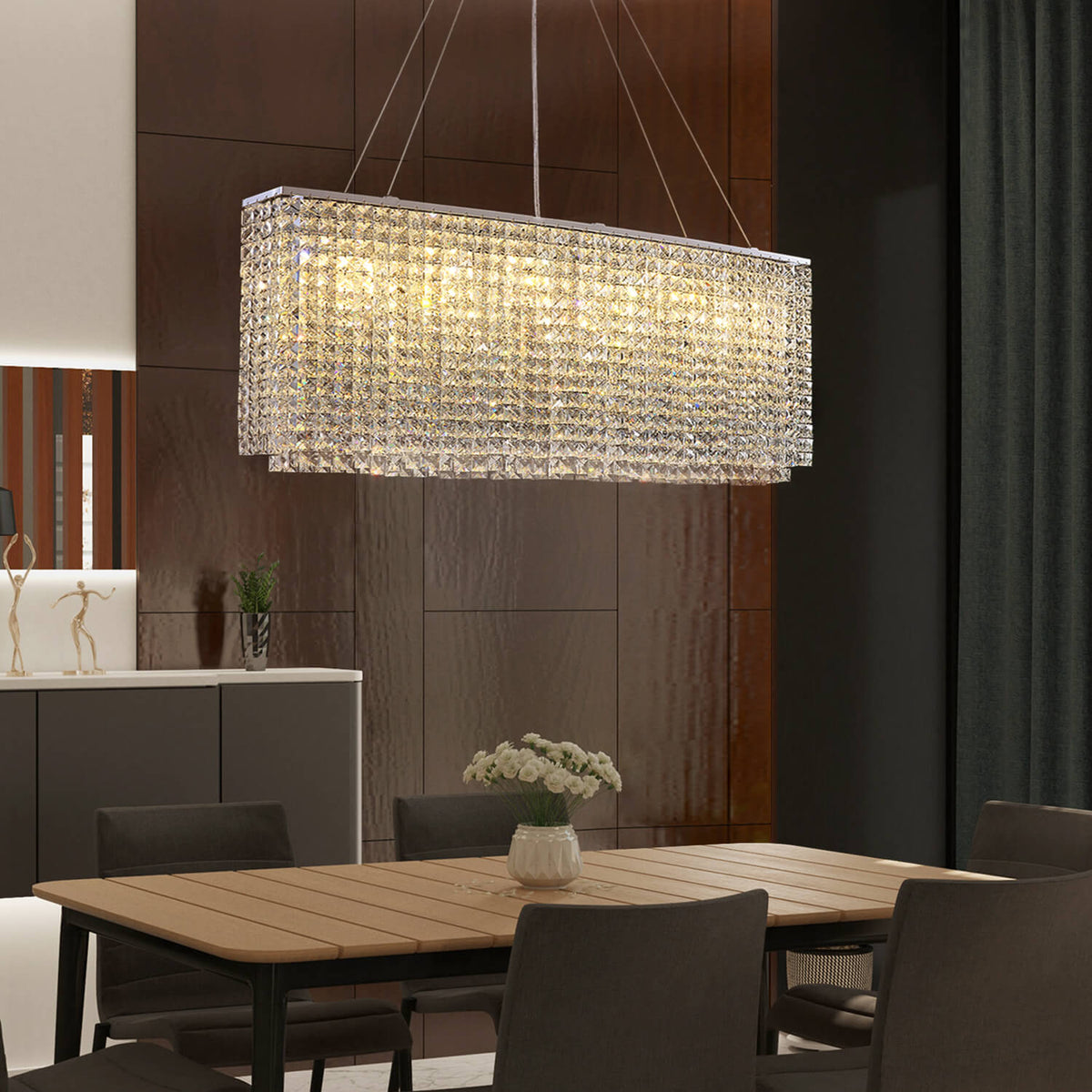 Rechthoekige kristallen kroonluchter chroom met dimfunctie eetkamer woonkamer moderne hanglamp interieur | Sulvida