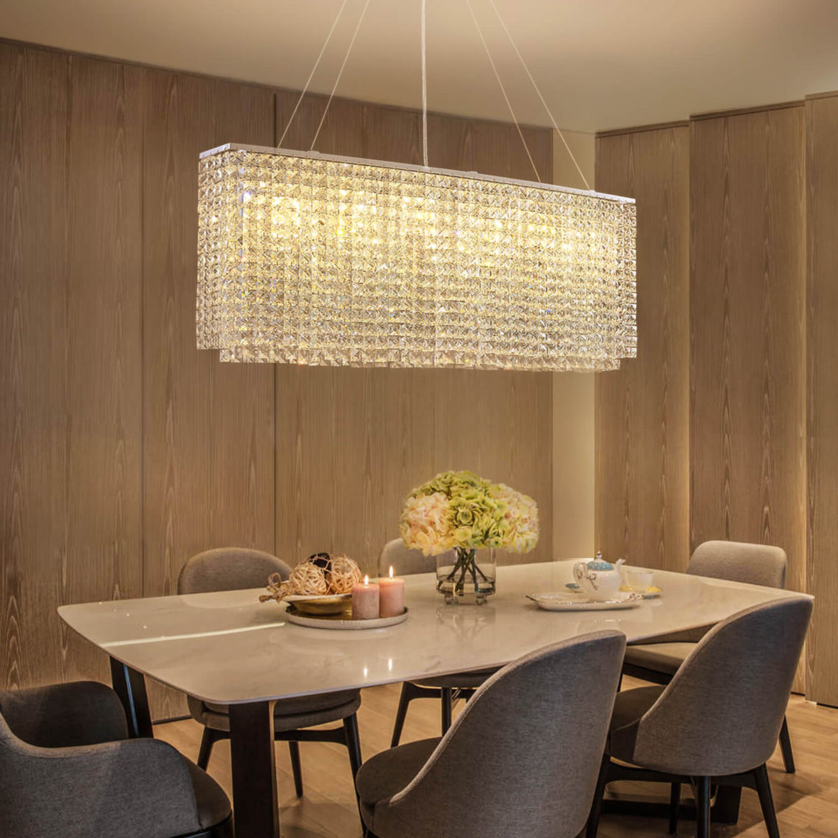 Rechthoekige kristallen kroonluchter chroom met dimfunctie eetkamer woonkamer moderne hanglamp interieur | Sulvida
