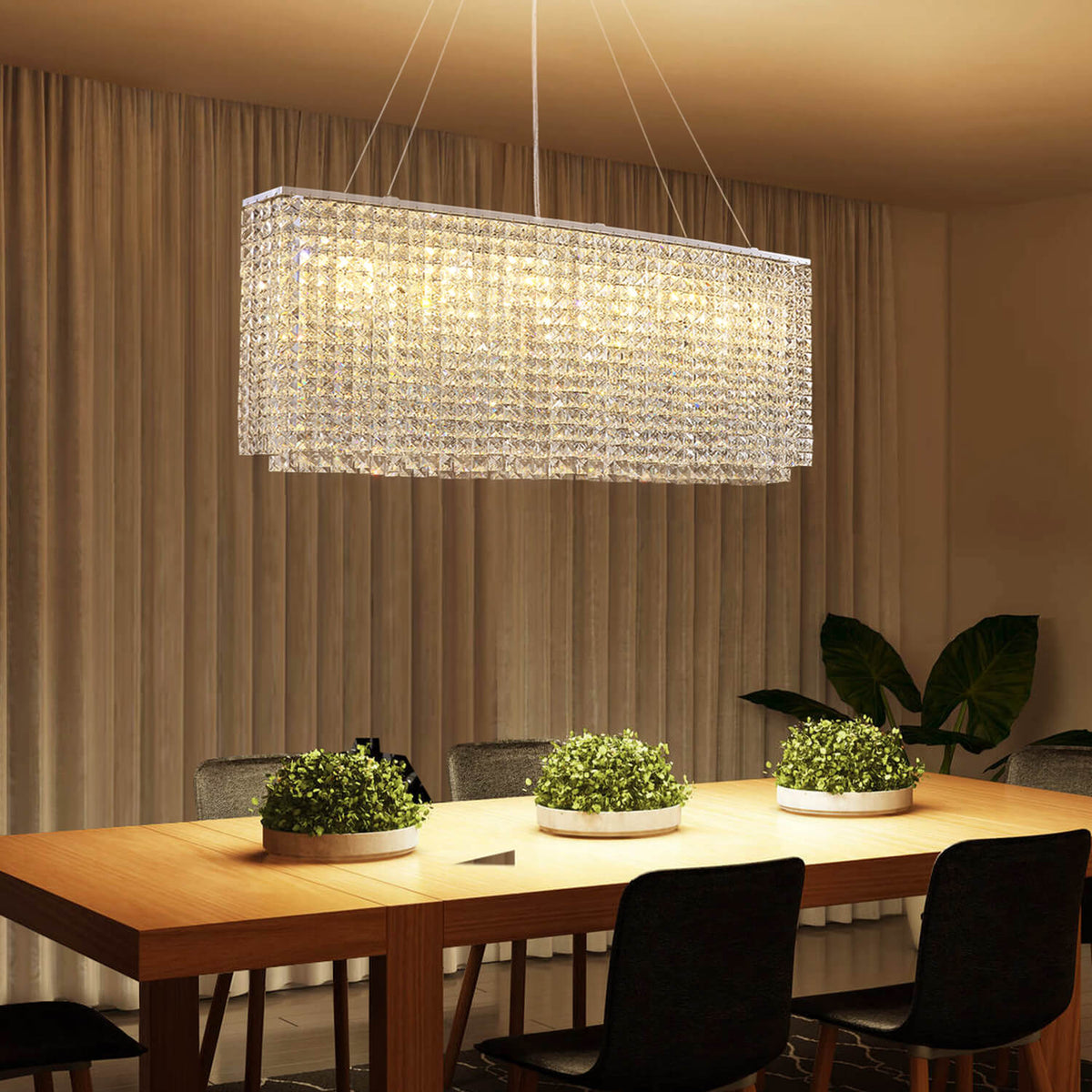 Rechthoekige kristallen kroonluchter chroom met dimfunctie eetkamer woonkamer moderne hanglamp interieur | Sulvida